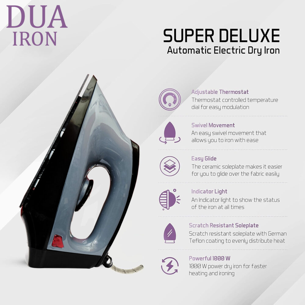 DUA IRON 1000 watt Dry Iron With Advance Soleplate and Anti-bacterial German Coating Technology, Easy Grip Temperature Knob & 1years Warranty. (Grey) - Image 2